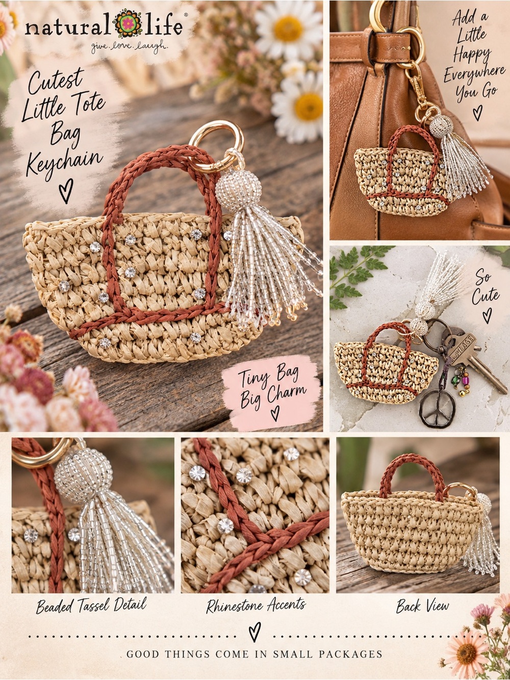 NATURAL LIFE Straw Tiny Tote Bag Keychain with Beaded Tassel â Beige and Rust
